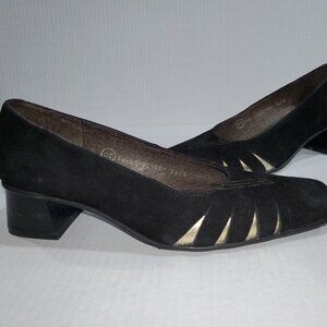 Black Suede Pump w/ Gold Trim, Block Heel, and Square Toe